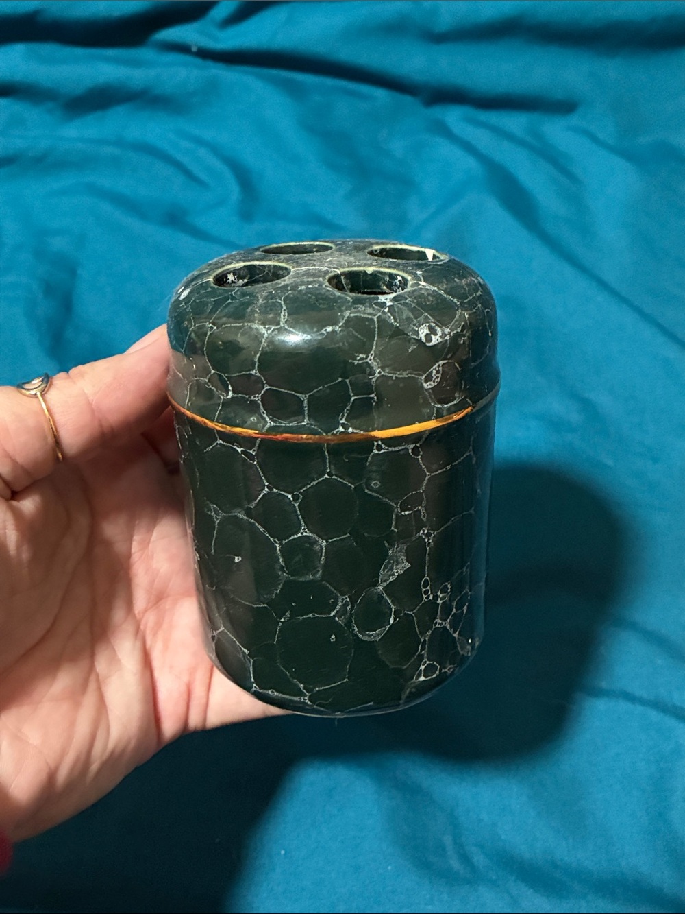 Vintage Dark Green Marble Pattern Toothbrush Holder with Gold Accent